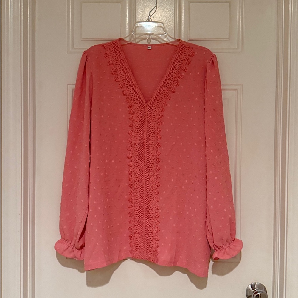 Pink V-Neck Blouse with Lace Trim